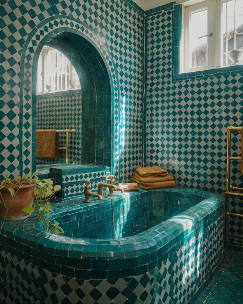 A bathroom drenched in deep teal zellige, tub and walls, with brass taps — after
