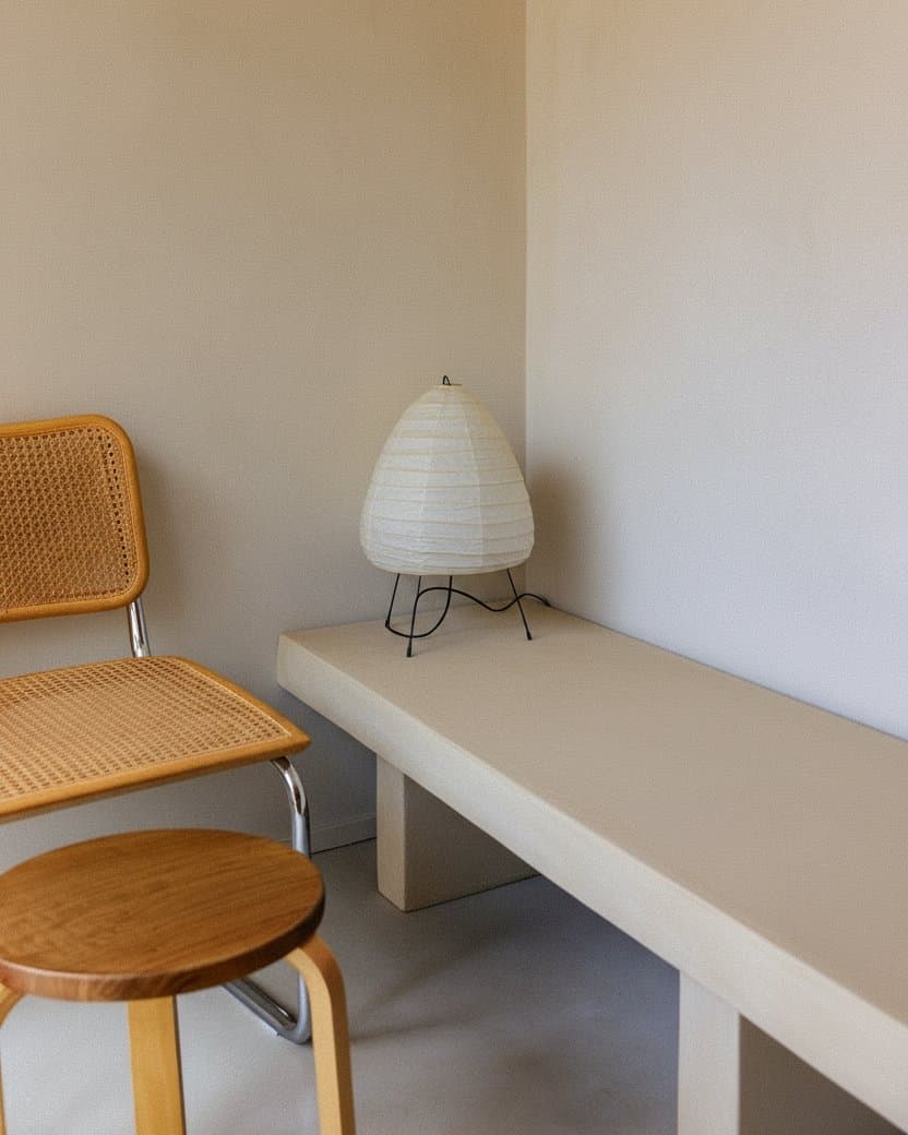 A low cobalt zellige bench in a white living corner with tubular steel furniture — before