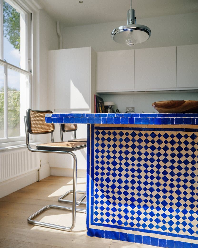 A kitchen island faced in cobalt zellige in an otherwise white kitchen — after