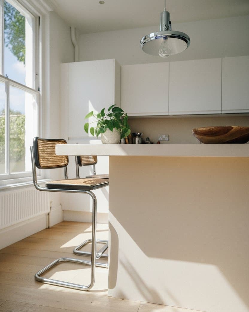 A kitchen island faced in cobalt zellige in an otherwise white kitchen — before