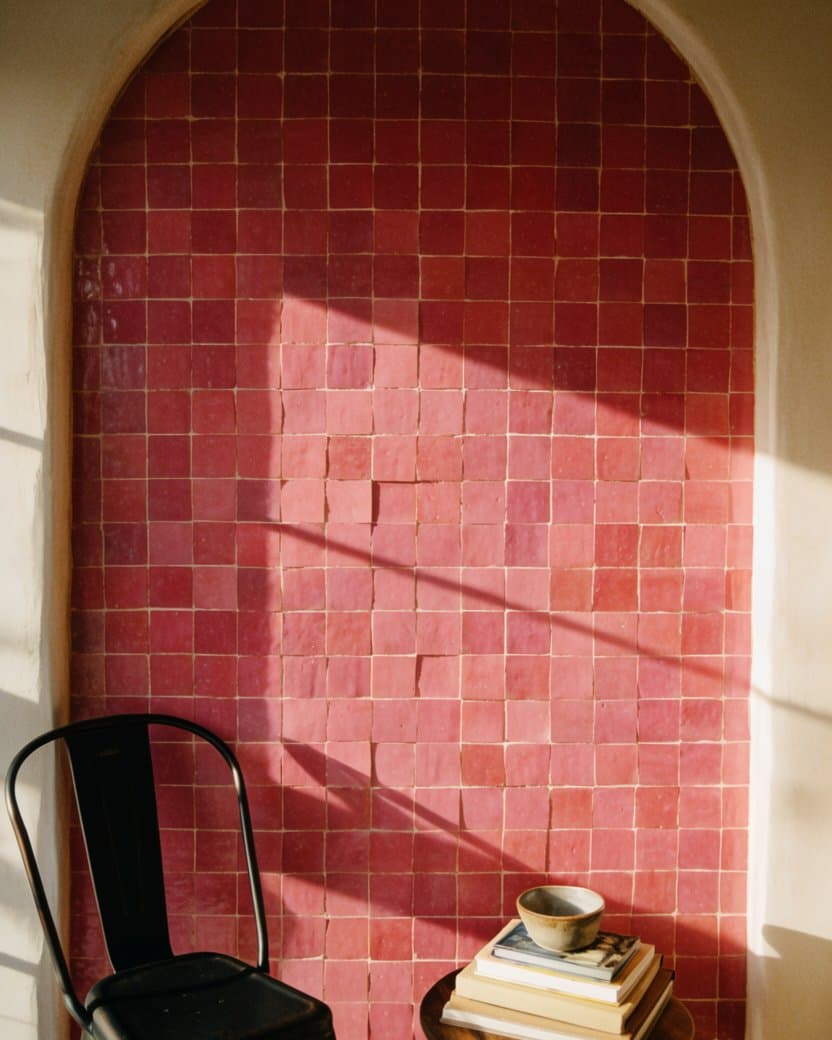 An arched alcove lined in crimson zellige with a reading chair inside — after