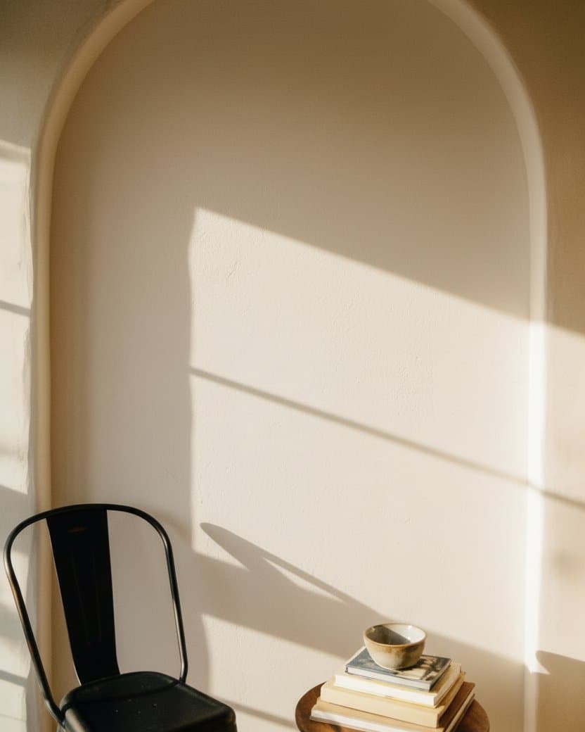An arched alcove lined in crimson zellige with a reading chair inside — before