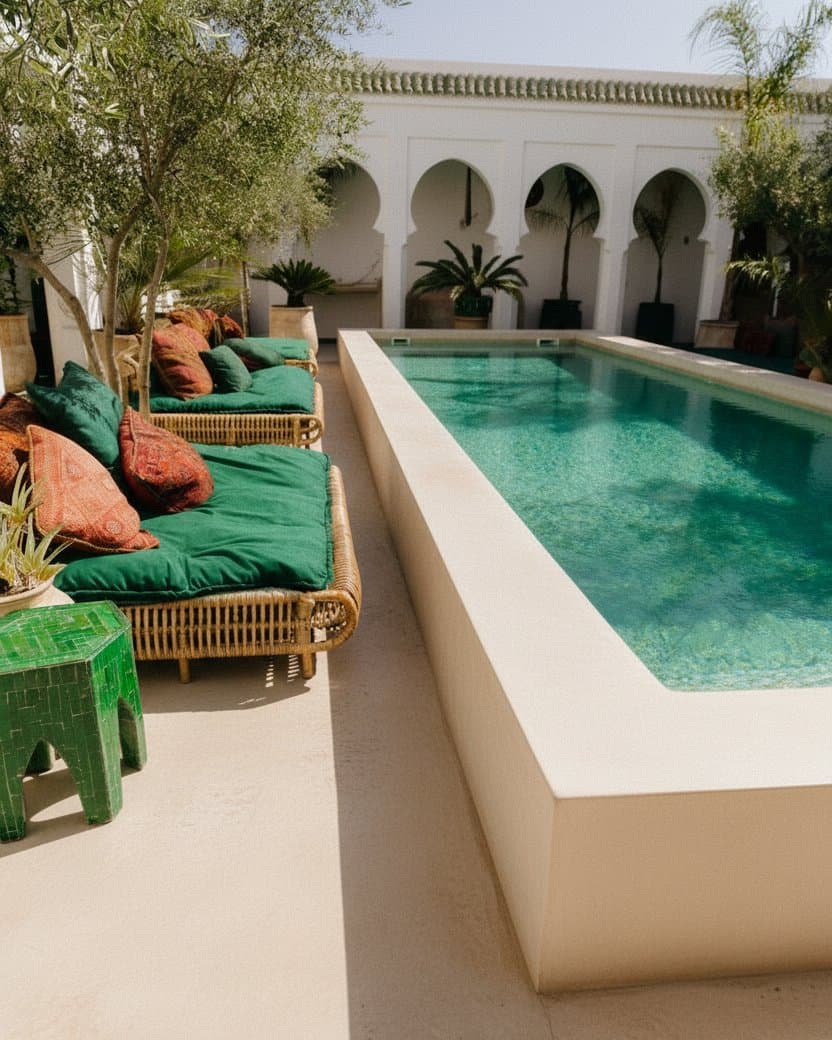 An emerald and white zellige lap pool in a plain-walled riad courtyard — before