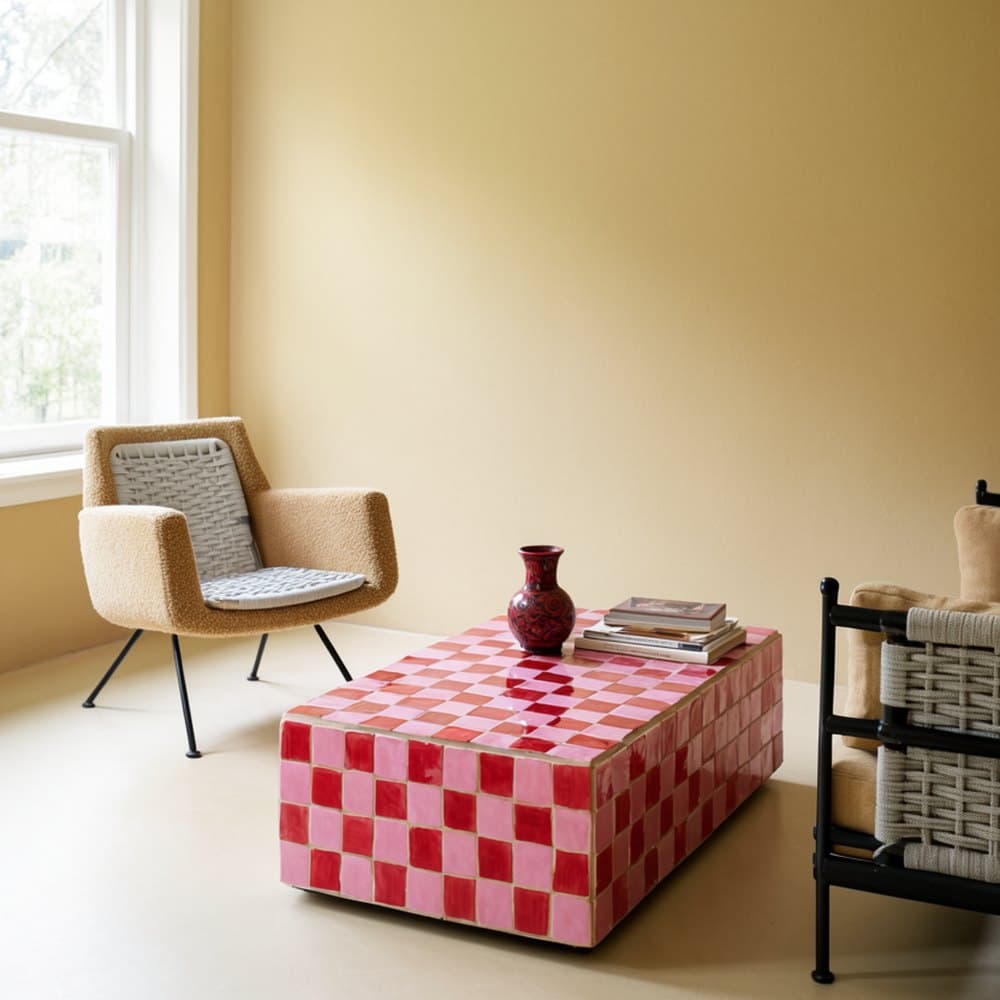 The table low to the floor beside a bouclé chair